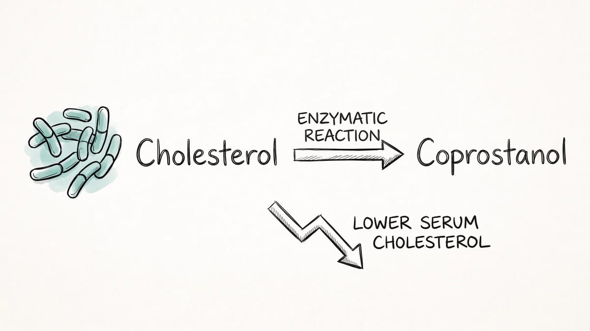 Gut bacteria enzymatically converting cholesterol to coprostanol, with an accompanying fall in serum cholesterol